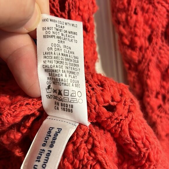 LUCKY  BRAND Size Small Open Crochet Pink Coral Tunic Sweater V-Neck Jewel Tone - Picture 5 of 6